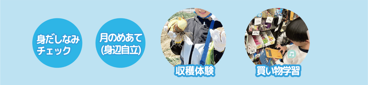 身だしなみチェック　月のめあて（身辺自立）　野菜収穫　買い物学習